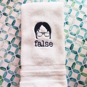 Dwight Schrute FALSE embroidered white hand towel for The Office fan (NEW)